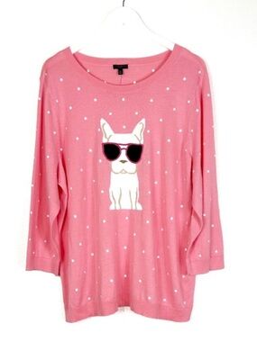 NEW Talbots pink Frenchie dog cotton knit polka dot sweater Talbots Plus size 2X